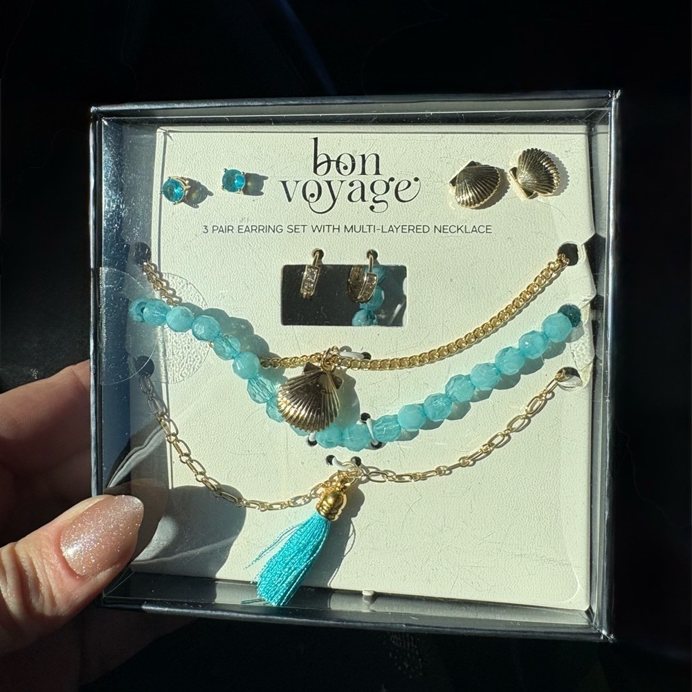 Bon Voyage Coastal Jewelry Set – 3 Pair Earrings + Layered Necklace